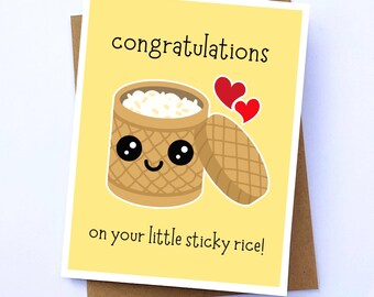 Tarjeta de felicitación impresa "Felicitaciones por tu pequeño arroz pegajoso" / Tarjeta de baby shower asiática linda y kawaii / Saludo para nuevo bebé / Futuro papá