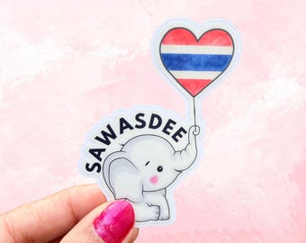 Pegatina mate de elefante kawaii con bandera tailandesa/Saludo tailandés Sawasdee/Pegatina de viaje a Tailandia con diseño fácil de despegar/Regalo de orgullo tailandés