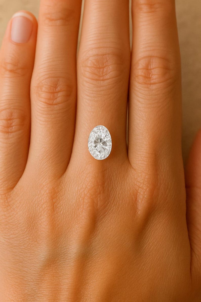 May include: A dazzling oval-cut diamond, displayed against a warm skin tone. The gemstone's facets catch the light, creating a sparkling effect. The diamond's clarity and shape are highlighted. A piece of fine jewellery.