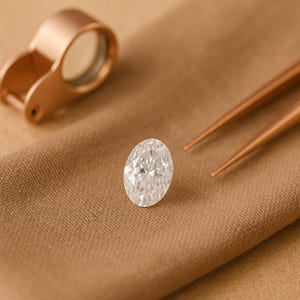 May include: An oval-cut diamond sits on tan fabric, with a rose-gold loupe and tweezers nearby. The diamond sparkles, reflecting light. The image suggests a focus on gemstones or jewellery appraisal, highlighting the diamond's clarity and cut.