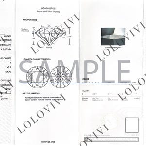May include: A diamond report from the International Gemological Institute, detailing a laboratory-grown diamond. The report includes measurements (8.03 - 8.07 x 5.00 mm), grading results, and clarity characteristics. Diagrams of the diamond's proportions are also shown.