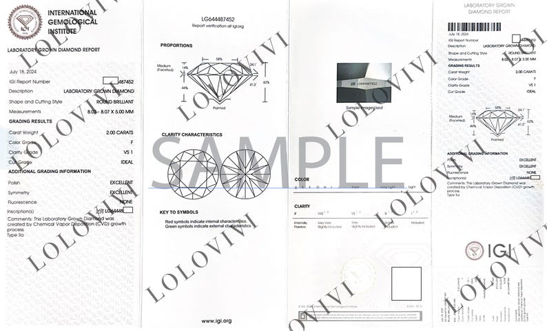 May include: A diamond report from the International Gemological Institute, detailing a laboratory-grown diamond. The report includes measurements (8.03 - 8.07 x 5.00 mm), grading results, and clarity characteristics. Diagrams of the diamond's proportions are also shown.