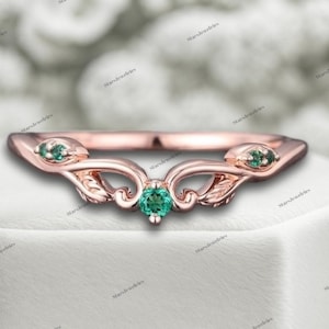 Vintage Emerald Curved wedding band Solid Rose Gold Wedding band Natural inspired leaf Bridal ring Promise Anniversary matching ring gift