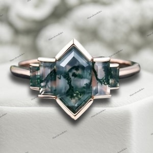 Hexagon cut Moss agate engagement ring Unique Rose gold Baguette cut ring Bezel set ring women stacking bridal ring Art deco promise ring