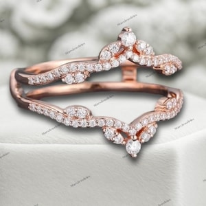 moissanite Pave Ring Enhancer - Rose Gold Crown Stacking Ring Guard - Curved Wedding Band Chevron Anniversary Ring