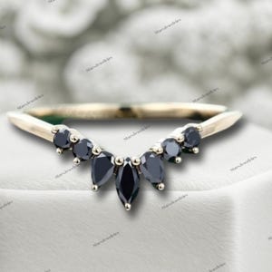 Black onyx Curved wedding band women Unique wedding band yellow gold vintage Marquise cut Stacking ring Matching bridal promise ring for her