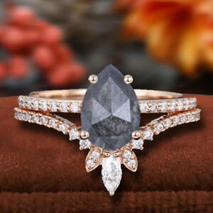Anello nuziale di fidanzamento/matrimonio/anniversario in oro rosa 14k con taglio a pera, in quarzo rutilato nero naturale, regalo di Natale