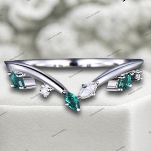Curved emerald wedding band white gold stacking moissanite wedding ring band women May birthstone ring graduation anniversary gift