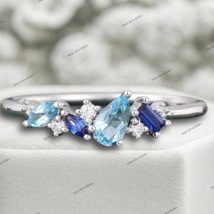 Vintage pear Aquamarine ring art deco Blue sapphire ring dainty  ring women solid 14k rose gold anniversary wedding band gift