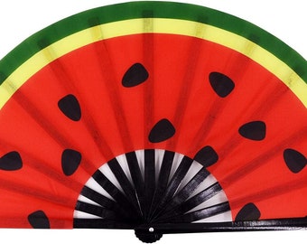 Large 13" Watermelon Rave Folding 13" Hand Fan Bamboo & Nylon-Cloth Folding Loud Clacking