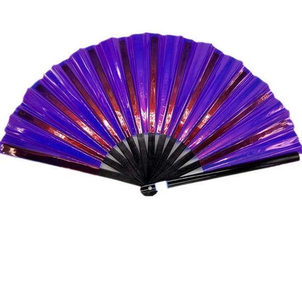 Purple PVC Translucent Large Rave Folding Holographic Hand Fan Foldable Loud Clacking Edm