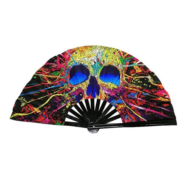 Large Neon SKULL Rave Folding 13" Hand Fan Bamboo & Nylon-Cloth Folding Loud Clacking