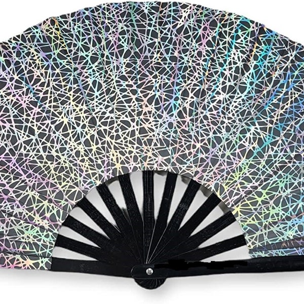 Large Silver Splatter Holographic Reflection Bamboo Fabric Folding 13in Hand Fan Rave Edm Loud Clacking