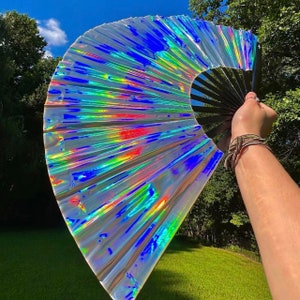 Large Silver Holographic Reflection Black Bamboo iridescent Folding 13in Hand Fan Rave Edm Loud Clacking