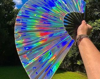 Large Silver Holographic Reflection Black Bamboo iridescent Folding 13in Hand Fan Rave Edm Loud Clacking