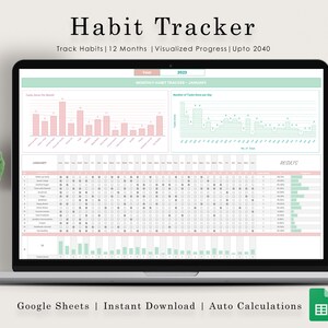 Habit Tracker Spreadsheet | Google Sheets | Daily | Weekly | Monthly Habit Planner | Goal Planner | Digital Dashboard | Simple Tasks Planner