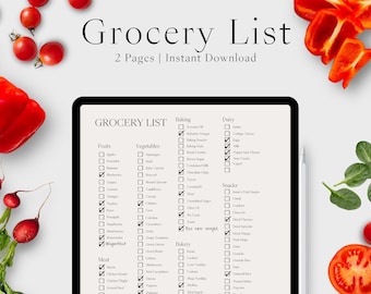 Categorized Grocery List, Master Shopping List, Printable Meal Planner, Digital Download Grocery Planner