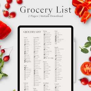 Categorized Grocery List, Master Shopping List, Printable Meal Planner, Digital Download Grocery Planner