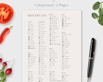 May include: A printable grocery list with checkboxes for various food categories, including fruits, vegetables, meat, seafood, bakery, dairy, snacks, breakfast, and canned goods. The list is categorised and spans two pages.