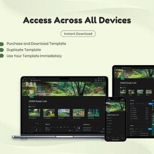 May include: A screenshot showing a laptop, tablet, and phone displaying the same website. The website is a dark-themed study planner with the title "Ghibli Study Cafe". The website features a background image of a green garden with a house in the background. The website has a calendar, to-do list, and other features.