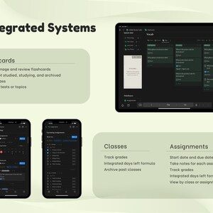 May include: A screenshot of a mobile app interface showing a calendar, flashcards, and a list of assignments. The app is designed to help students manage their studies and track their progress.