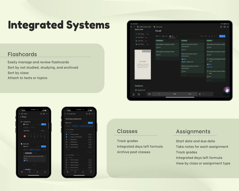 May include: A screenshot of a mobile app interface showing a calendar, flashcards, and a list of assignments. The app is designed to help students manage their studies and track their progress.