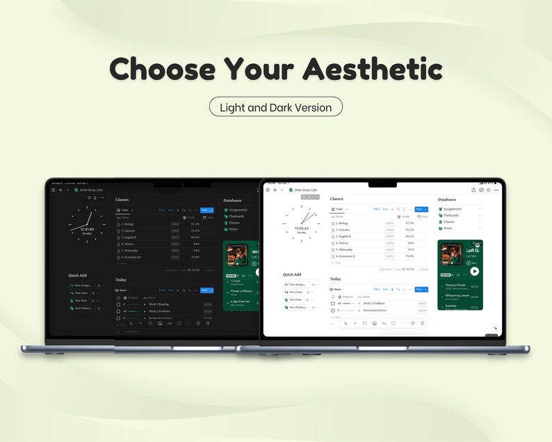 May include: A laptop computer displaying a website with a dark mode and light mode interface. The website is a study planner with a clock, class schedule, and assignments. The text on the screen reads "Choose Your Aesthetic" and "Light and Dark Version".