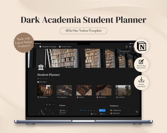 Modello di nozione, modello di studente di nozione, pianificatore di studenti universitari di nozione, dashboard di vita studentesca di nozione, estetica del mondo accademico oscuro