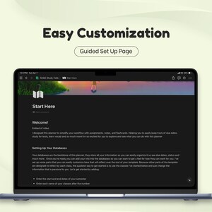 May include: A laptop screen displaying a dark-themed website with the text "Easy Customization" and "Guided Set Up Page". The website is a planner for students, with sections for setting up databases, entering start and end dates of the semester, and entering class names.