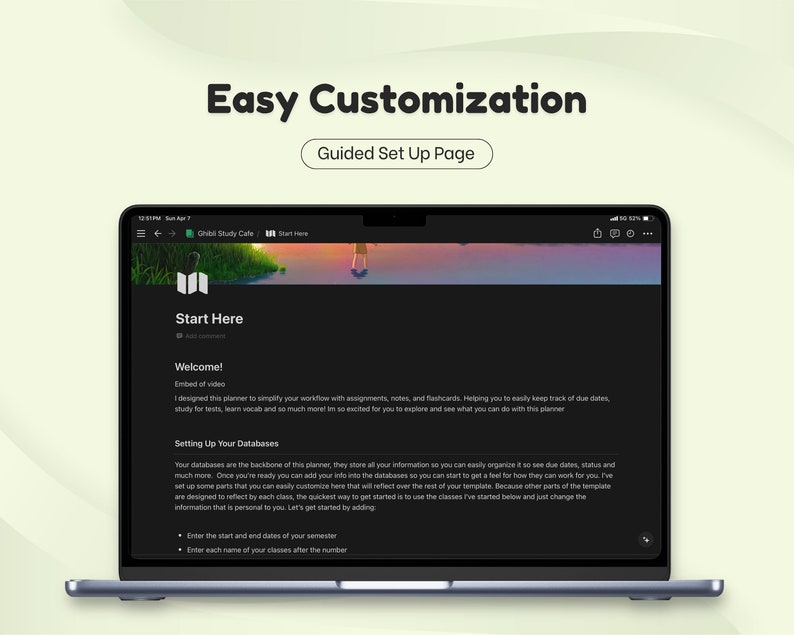 May include: A laptop screen displaying a dark-themed website with the text "Easy Customization" and "Guided Set Up Page". The website is a planner for students, with sections for setting up databases, entering start and end dates of the semester, and entering class names.