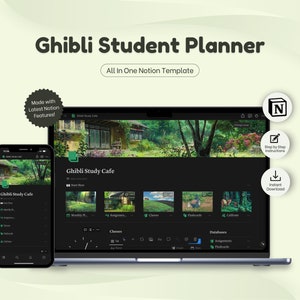 May include: A laptop and a smartphone display a Notion page with the title "Ghibli Study Cafe". The page is a student planner template with sections for monthly, weekly, and daily planning, as well as assignments, classes, flashcards, and databases. The page is decorated with images from Studio Ghibli films.