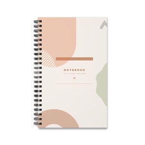 May include: A beige notebook with a spiral binding. The cover features abstract shapes in shades of peach, green, and grey. The text "NOTEBOOK SELF-CARE EDITION" is printed on the cover.