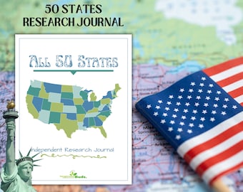 May include: A white sheet of paper with the text "50 STATES RESEARCH JOURNAL" and "ALL 50 STATES" in black text. A map of the United States with each state colored in different shades of blue and green is shown. The text "Independent Research Journal" is below the map. The text "Imagination Buds." is at the bottom of the page. A folded American flag is on a map of the United States.