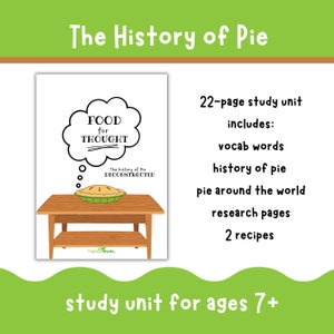 Puede incluir: Una unidad de estudio imprimible sobre la historia del pastel para niños de 7 años en adelante. La portada presenta un pastel de dibujos animados en una mesa con un globo de pensamiento que dice "Comida para pensar". El texto de la portada dice "La historia del pastel deconstruida". La unidad de estudio incluye 22 páginas con palabras de vocabulario, historia del pastel, pastel alrededor del mundo, páginas de investigación y 2 recetas.