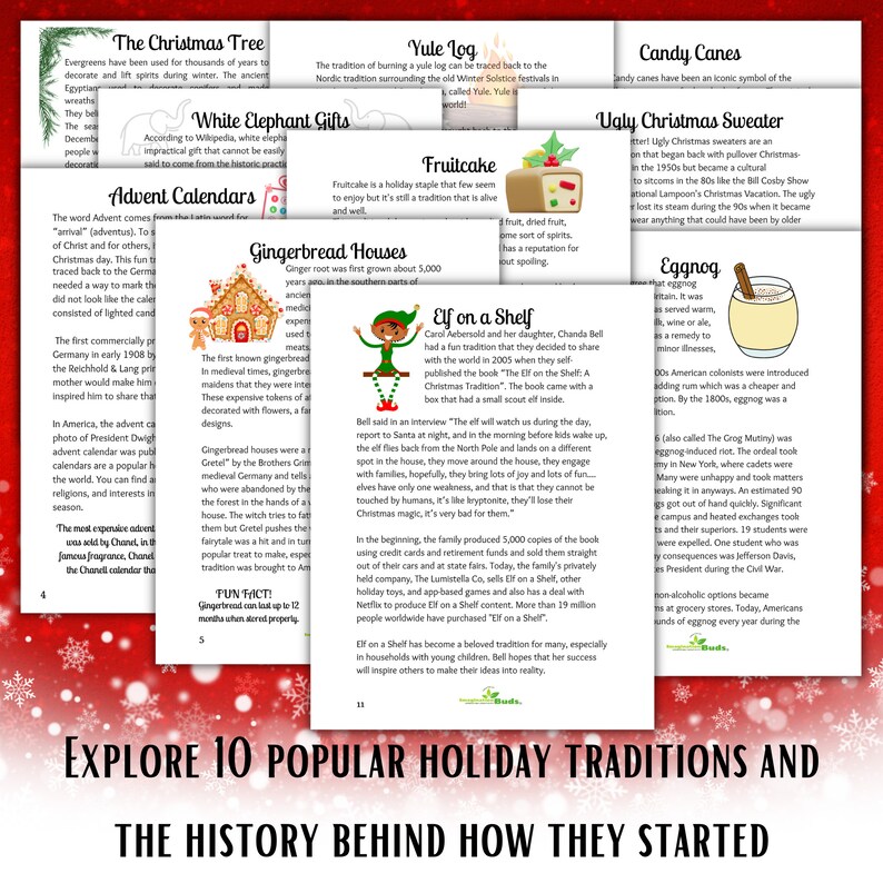 Puede incluir: Una infograf&iacute;a colorida con texto e ilustraciones sobre 10 tradiciones navide&ntilde;as populares y su historia. La infograf&iacute;a est&aacute; dividida en 10 secciones, cada una con una tradici&oacute;n diferente, como el &aacute;rbol de Navidad, el tronco de Navidad, los bastones de caramelo, los su&eacute;teres navide&ntilde;os feos, el ponche de huevo y el elfo en el estante.