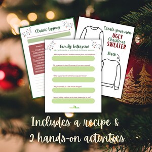 Puede incluir: Paquete de actividades navide&ntilde;as imprimible con una receta de ponche de huevo cl&aacute;sico, una entrevista familiar y una actividad para crear tu propio su&eacute;ter navide&ntilde;o feo. Las hojas imprimibles est&aacute;n decoradas con una guirnalda verde y luces rojas y blancas.