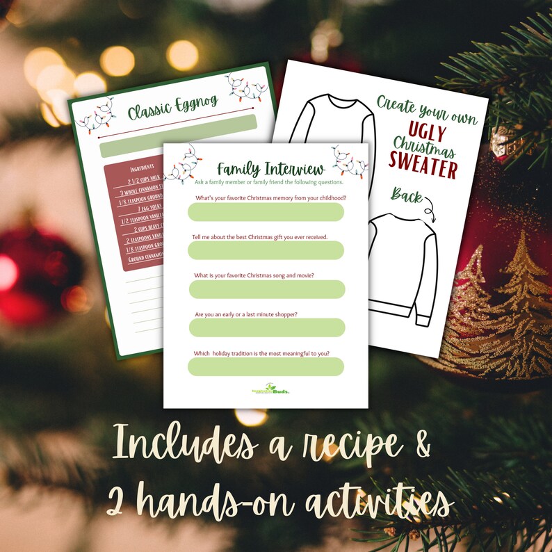 Puede incluir: Paquete de actividades navide&ntilde;as imprimible con una receta de ponche de huevo cl&aacute;sico, una entrevista familiar y una actividad para crear tu propio su&eacute;ter navide&ntilde;o feo. Las hojas imprimibles est&aacute;n decoradas con una guirnalda verde y luces rojas y blancas.