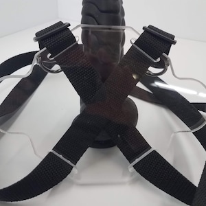May include: A black harness with clear plastic straps and buckles. The harness is designed to be worn around the waist and chest, and it has a loop in the front for attaching a toy.