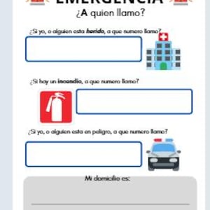 Peut inclure: Une fiche de contact d'urgence blanche avec le mot "EMERGENCIA" en haut. La fiche contient des invites pour les situations d'urgence, y compris les blessures, les incendies et le danger, avec des espaces pour écrire les coordonnées. Une voiture de police, un extincteur et un hôpital sont illustrés.