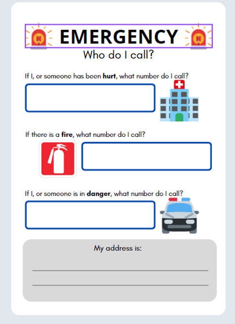 Emergency Contact Sheet for Kids, Kid Safety, Kid Emergency Contact ...