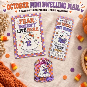 May include: A set of three paper items featuring ghost illustrations and religious text. One rectangular print reads "FEAR DOESN'T LIVE HERE 2 TIMOTHY 1:7", a bookmark reads "NO TRICKS JUST TRUTH", and a sticker reads "THE ONLY GHOST I TALK TO IS THE HOLY GHOST".