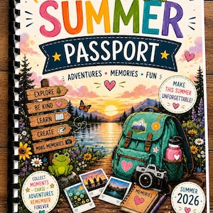 May include: A spiral-bound Summer Passport booklet featuring a colorful cover with a sunset lake scene, a teal backpack, a camera, and a frog illustration. Text includes "SUMMER PASSPORT", "ADVENTURES MEMORIES FUN", and "YOUR SUMMER. YOUR STORY. YOUR ADVENTURE."
