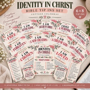 May include: A set of 11 devotional Bible tip-ins, 2 mini cards, and 2 bookmarks titled Identity in Christ. The cards feature floral borders, red gingham accents, and scripture verses. The set measures 6 by 8 inches, with mini cards at 2.25 by 2.25 inches and bookmarks at 2.25 by 5.5 inches.