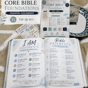 May include: A Core Bible Foundations tip-in set in a coastal colorway, featuring a clear plastic sleeve containing eleven paper inserts with blue and neutral graphics, displayed alongside an open book showing I Am Statements and Bible Promises.