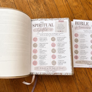 May include: An open book with a page titled The Spiritual Gifts featuring circular icons and text, alongside a separate sheet titled Bible Promises with a list of affirmations. Both pages have a soft color palette with pink and beige accents.