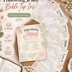 May include: A set of 12 physical Bible tip-ins in a cottage colorway, each measuring 6 x 8 inches. The cards feature floral accents, pink and sage green text, and headers like Following Jesus, The Call to Follow, and Count the Cost.