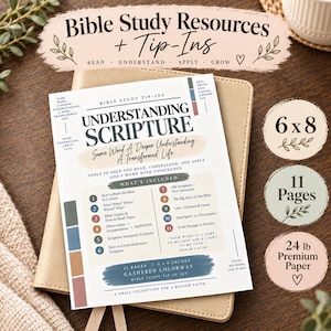 May include: A white informational sheet titled Understanding Scripture with black text, colorful numbered circles, and sections detailing Bible study tools. The sheet measures 6 by 8 inches, consists of 11 pages, and is printed on 24 lb premium paper.