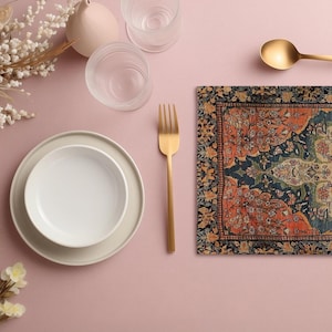 Red Carpet, Bohemian Vibe, Centerpiece Mat, Anniversary Gift, Blue Yellow, Black Border, Eastern Decor, Fabric Mat, Non Slip,