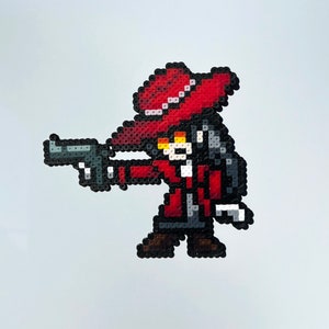 Puede incluir: Una figura de píxeles roja y negra de un personaje que lleva un sombrero rojo y sostiene un arma. El personaje está de pie con la pierna derecha hacia adelante y la pierna izquierda hacia atrás. El personaje está mirando hacia la derecha.