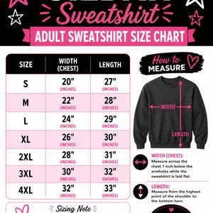 May include: A Gildan Sweatshirt adult size chart featuring a table with width and length measurements in inches for sizes S through 4XL. Includes a diagram of a black sweatshirt with arrows indicating how to measure width and length, plus text instructions.